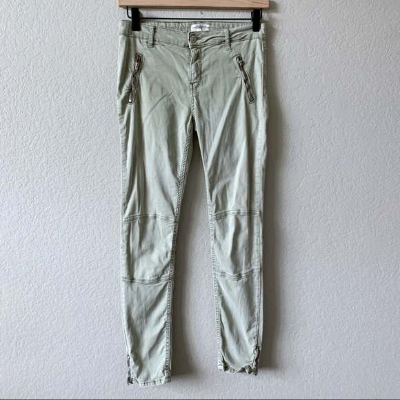 ZARA Light Olive Green Zip Moto Skinny Jeans 4